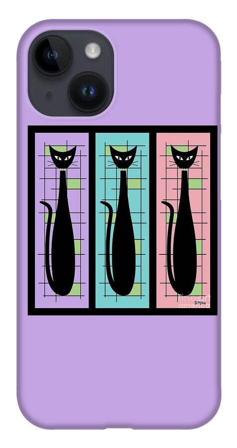 Mid Century Modern iPhone Case featuring the digital art Trio of Cats Purple, Blue and Pink on Black by Donna Mibus