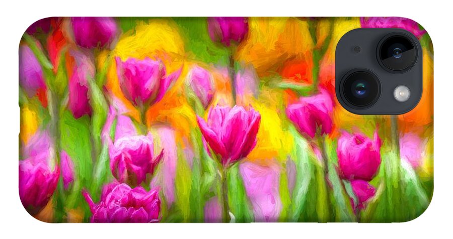 Tulips iPhone 14 Case featuring the mixed media Tulip Celebration by Susan Rydberg