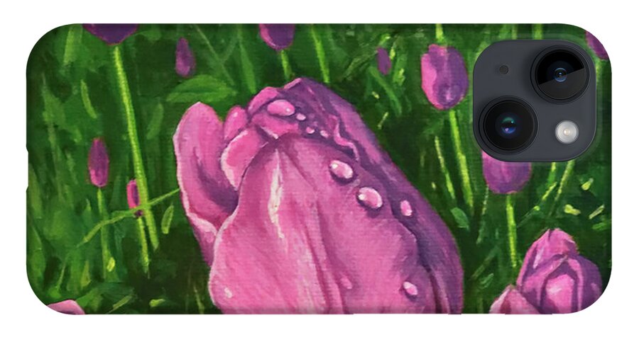  iPhone 14 Case featuring the painting Tulip Garden by Sarra Elgammal