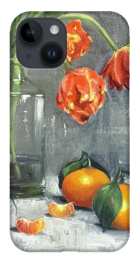 Stilllife iPhone 14 Case featuring the painting Tulips with Mandarins by Lori Ippolito