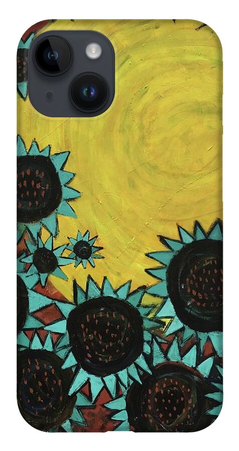 Sun iPhone 14 Case featuring the painting Turquoise Sunflowers by Cyndie Katz