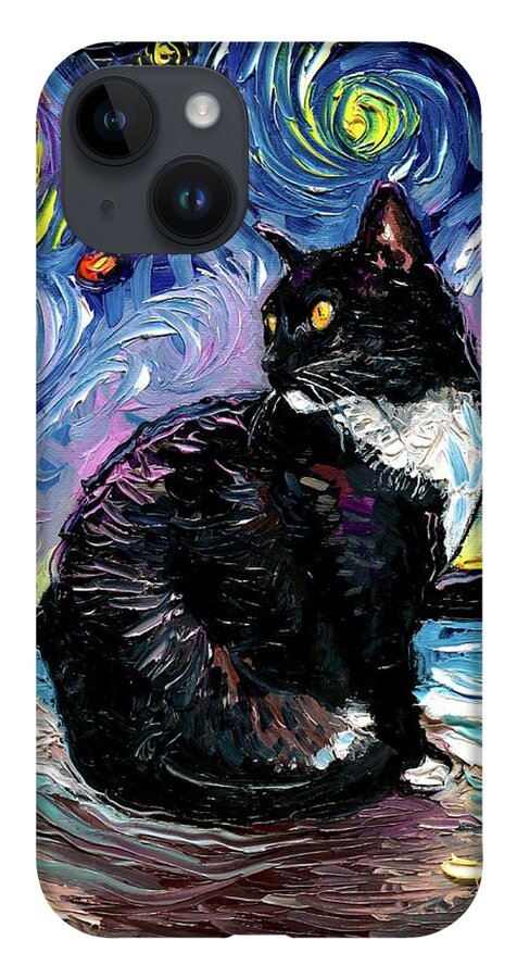 Tuxedo Cat iPhone 14 Case featuring the painting Tuxedo Cat Night 2 by Aja Trier