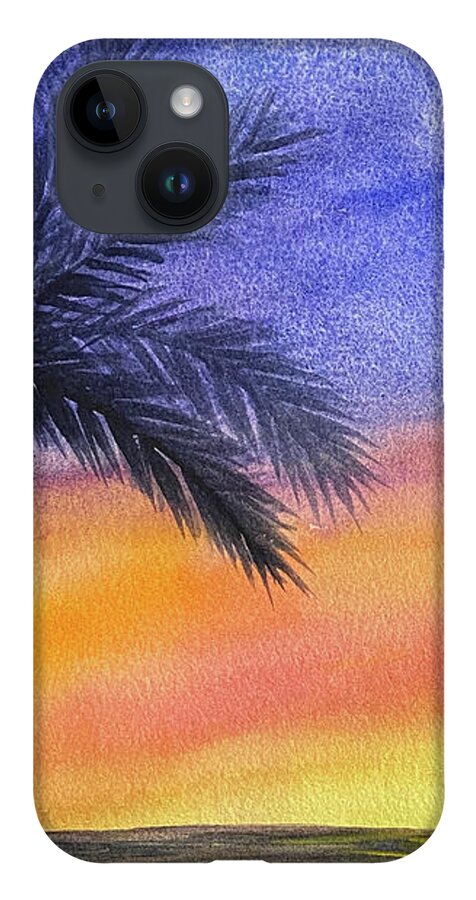 Palm Trees iPhone 14 Case featuring the painting Two Palm Trees at Sunset by Lisa Neuman