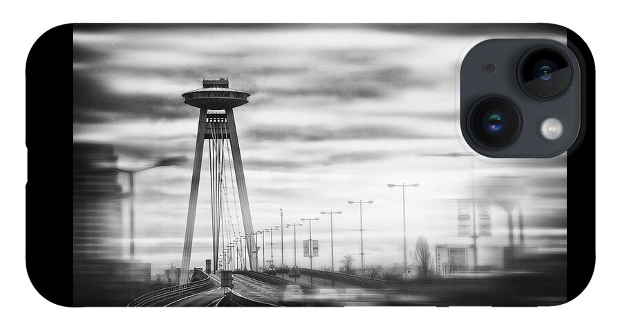 Bratislava iPhone 14 Case featuring the photograph UFO Bridge Bratislava Slovakia Black and White by Carol Japp