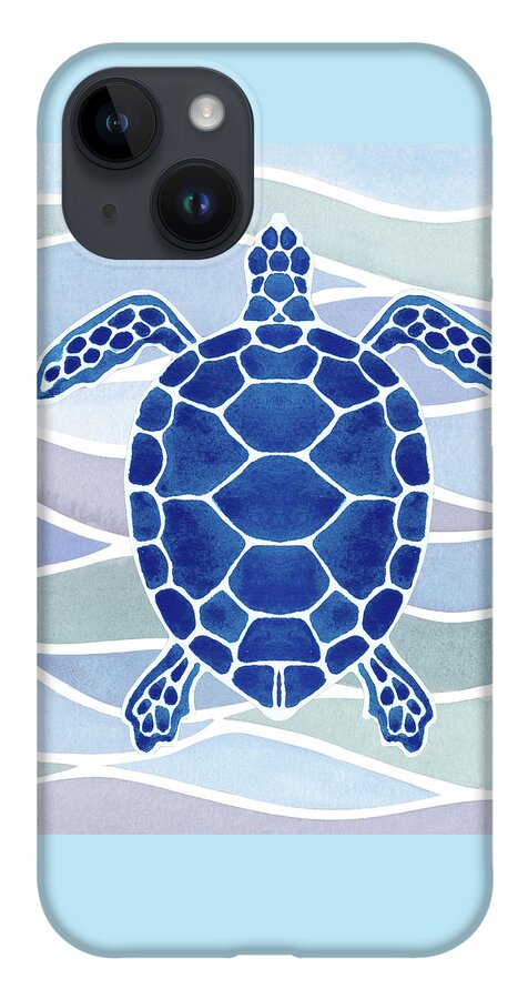 Giant iPhone 14 Case featuring the painting Ultramarine Blue Giant Turtle In Waves Watercolor by Irina Sztukowski