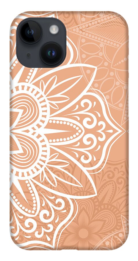 Colorful iPhone 14 Case featuring the digital art Valaria - Artistic White Mandala Pattern by Sambel Pedes