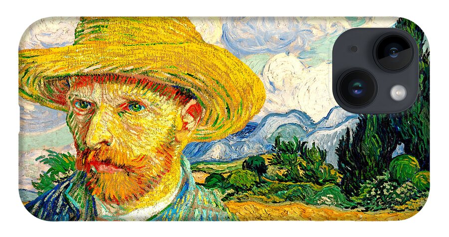 Straw Hat iPhone Case featuring the digital art Van Gogh Self-Portrait with Straw Hat in front of Wheat Field with Cypresses by Nicko Prints