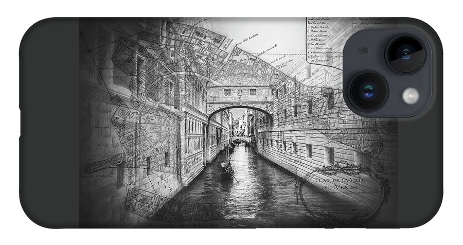 Bridge Of Sighs iPhone 14 Case featuring the photograph Venice Italy Bridge of Sighs With Vintage Map Black and White by Carol Japp