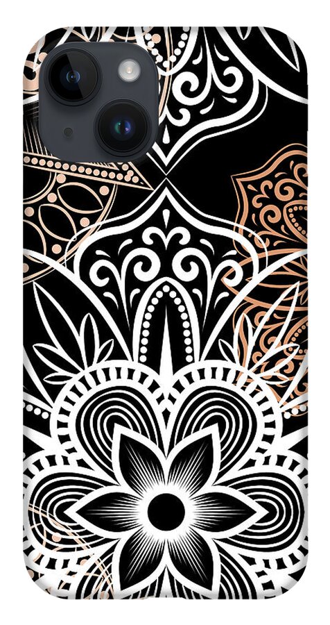 Colorful iPhone 14 Case featuring the digital art Verona - Artistic White Cream Mandala Pattern in Black Background by Sambel Pedes