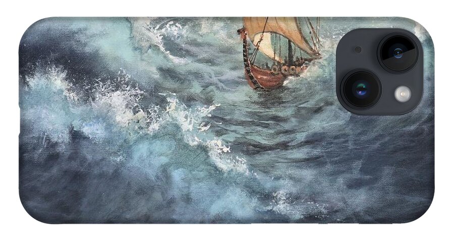 Vikings iPhone 14 Case featuring the painting Viking Longship by Tom Shropshire