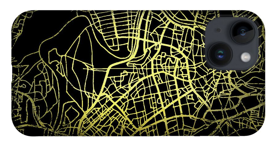 Map iPhone 14 Case featuring the digital art Vilnius Map in Gold and Black by Sambel Pedes
