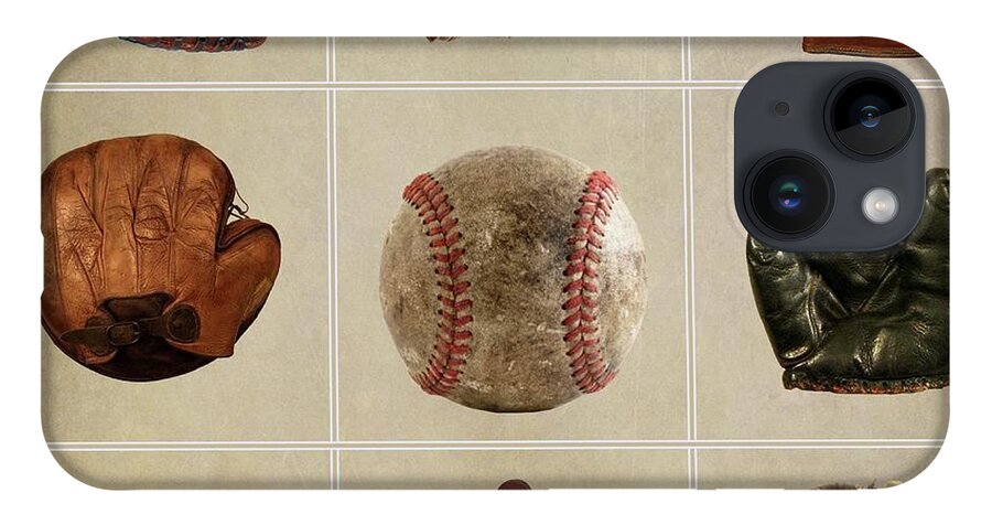 Mlb iPhone 14 Case featuring the mixed media Vintage Baseball Gloves and Ball by David Dehner