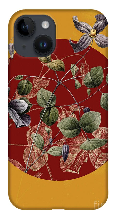 Vintage iPhone 14 Case featuring the painting Vintage Botanical Virgins Bower on Circle Red on Yellow by Holy Rock Design