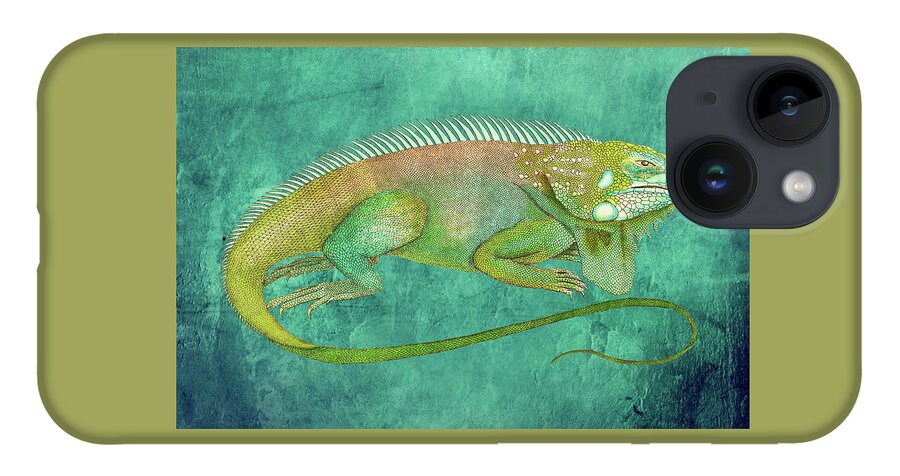 Iguana iPhone 14 Case featuring the mixed media Vintage Iguana Drawing on Textured Background by Lorena Cassady