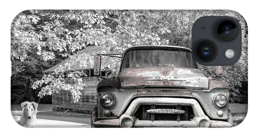 Trucks iPhone 14 Case featuring the photograph Vintage in Springtime Black and White and Red by Debra and Dave Vanderlaan