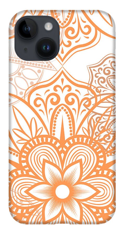 Colorful iPhone 14 Case featuring the digital art Vitiria - Artistic Orange Mandala Pattern by Sambel Pedes