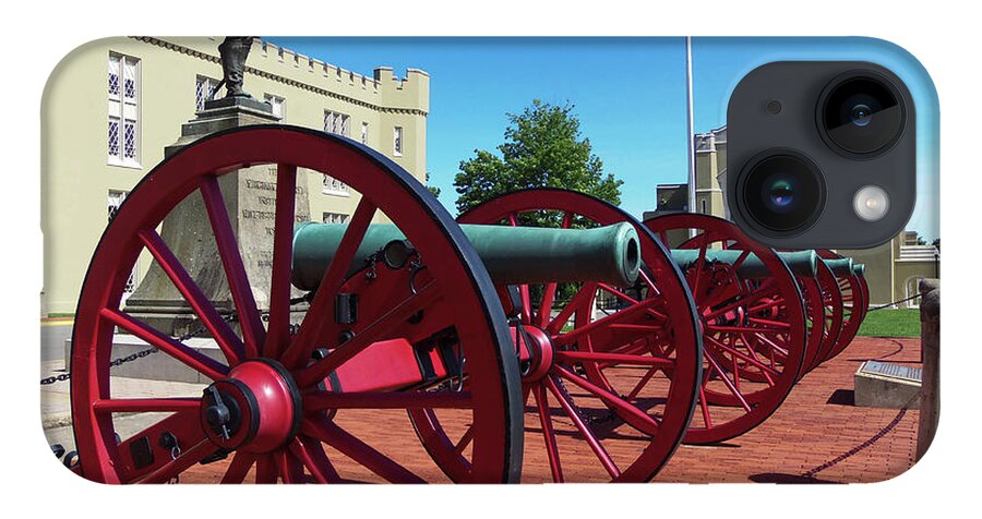 Jackson Memorial Hall iPhone 14 Case featuring the photograph VMI Cannons and Jackson Memorial Hall by Deb Beausoleil