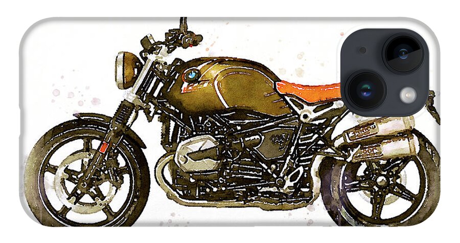 Motorbike Paitning iPhone 14 Case featuring the painting Watercolor BMW NineT SCRAMBLER motorcycle - oryginal artwork by Vart. by Vart