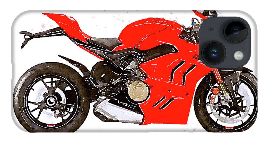 Sport iPhone 14 Case featuring the painting Watercolor Ducati Panigale V4S 2022 motorcycle - oryginal artwork by Vart. by Vart Studio