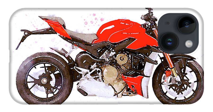 Motorcycle iPhone 14 Case featuring the painting Watercolor Ducati Streetfighter motorcycle - oryginal artwork by Vart. by Vart