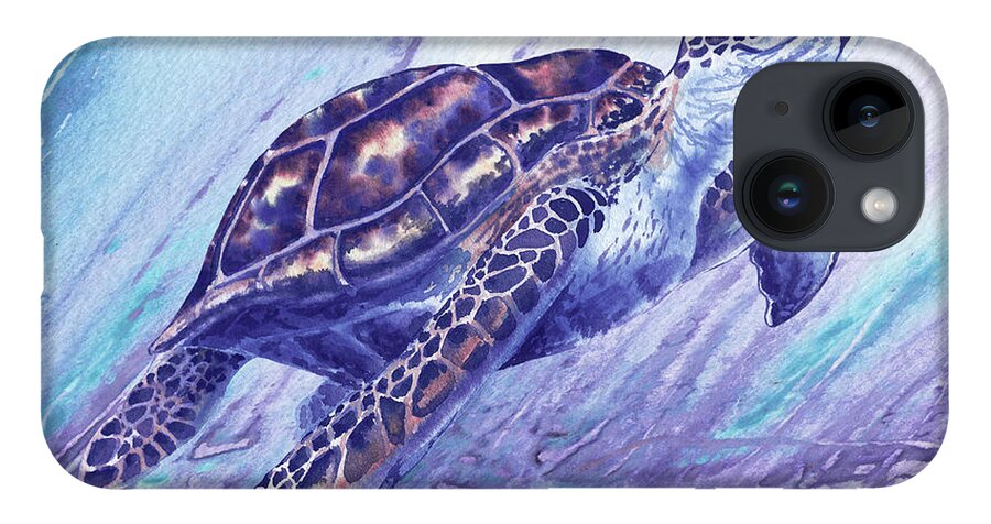 Blue iPhone 14 Case featuring the painting Watercolor Giant Sea Turtle In Purple Ocean by Irina Sztukowski