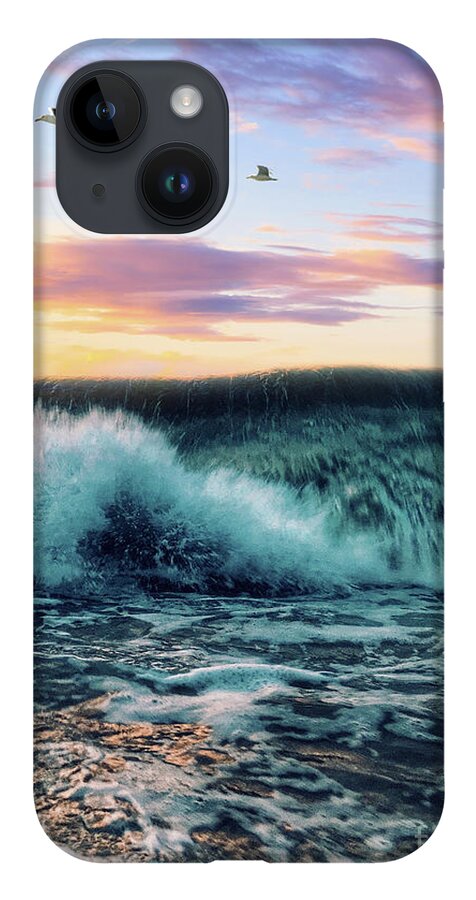 Seagulls iPhone 14 Case featuring the digital art Waves Crashing At Sunset by Phil Perkins