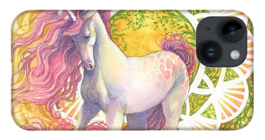 Unicorn iPhone 14 Case featuring the painting Wheel of Creation by Sara Burrier