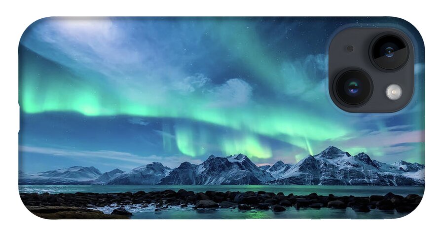 Moon Shines Aurora Borealis Northern Lights Pond Reflection Landscape Northern Lights Norway Mountains Lyngen Alps Clouds Snow Winter Ice iPhone 14 Case featuring the photograph When The Moon Shines by Tor-Ivar Naess