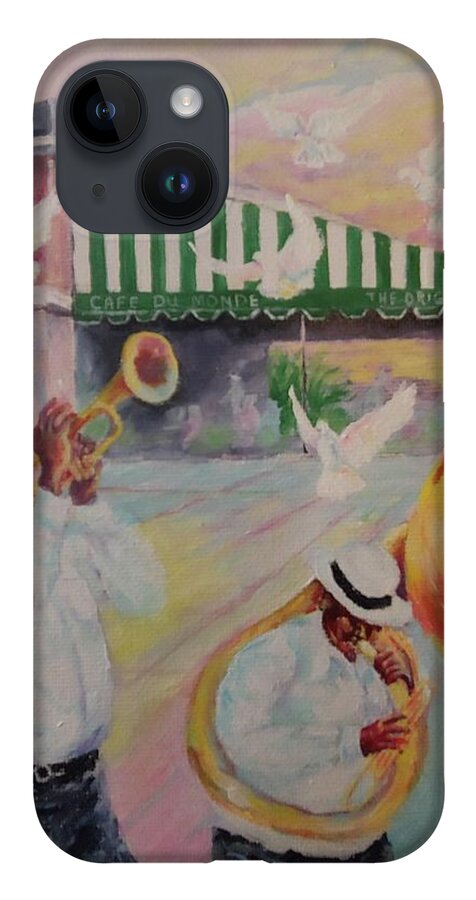 Mardi Gras iPhone 14 Case featuring the painting When the Saints Go Marching In--Cafe Du Monde by ML McCormick