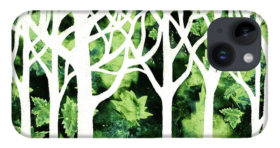 Abstract Forest iPhone 14 Case featuring the painting White And Green Enchanted Forest Watercolor Silhouette Trees And Branches by Irina Sztukowski