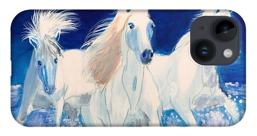 Pets iPhone 14 Case featuring the painting White Horses on Beach by Kathie Camara