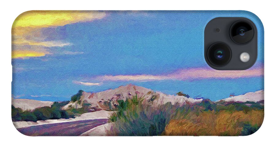 White Sands iPhone 14 Case featuring the mixed media White Sands New Mexico at Dusk Painting by Tatiana Travelways