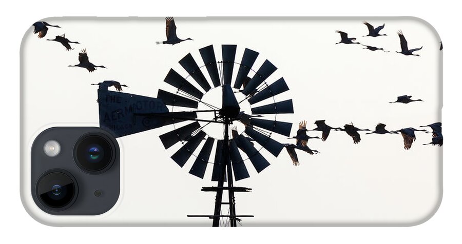 Sandhill Cranes iPhone 14 Case featuring the photograph Windmills and Sandhill Cranes by Susan Rissi Tregoning