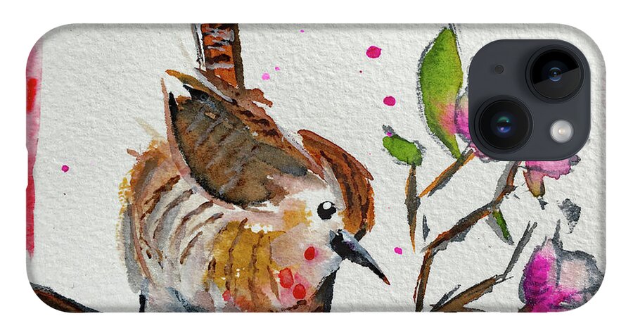 Wren Bird iPhone 14 Case featuring the painting Wren in a Cherry Blossom Tree by Roxy Rich