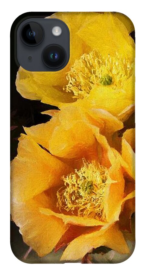 Cactus Flowers iPhone 14 Case featuring the mixed media Yellow cactus flowers by Tatiana Travelways