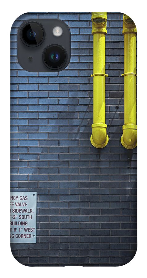 Yellow Pipes iPhone 14 Case featuring the photograph yellow pipes - Queens, NY by Steve Stanger