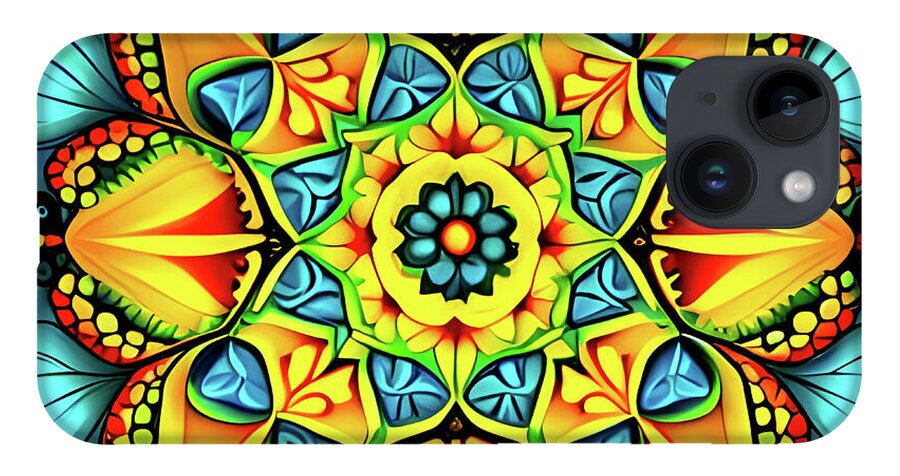 Newby iPhone 14 Case featuring the digital art Yellow Themed Kaleidoscope by Cindy's Creative Corner