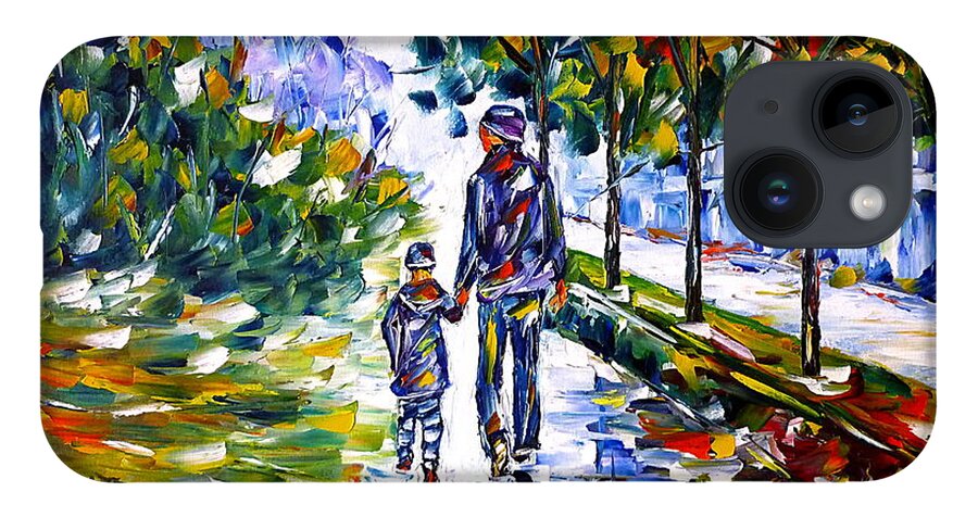 Autumn Walk iPhone 14 Case featuring the painting Young Father With Son by Mirek Kuzniar