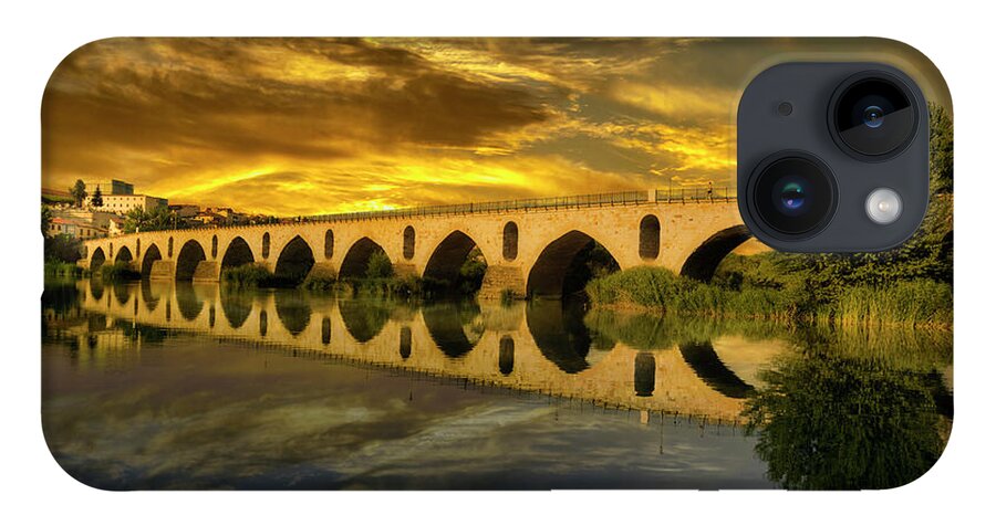 Sunset iPhone 14 Case featuring the photograph Zamora's Roman Bridge by Micah Offman