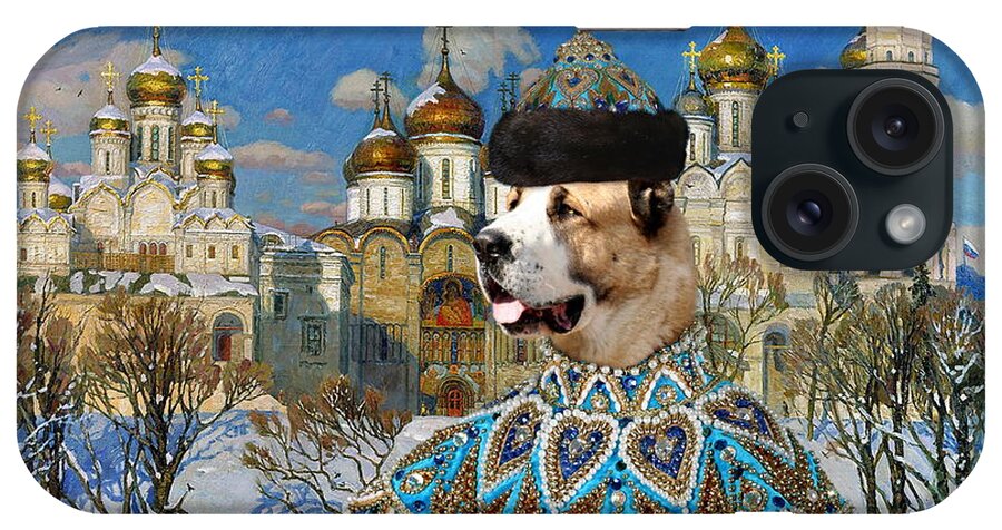 Central Asian Shepherd Dog iPhone Case featuring the painting Central Asian Shepherd Dog Art Canvas Print - Emperor with Golden Church by Sandra Sij