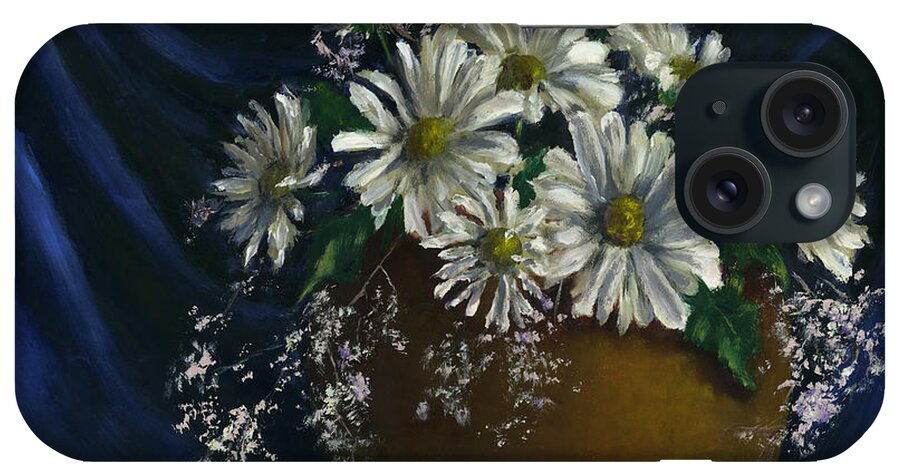 Daisies iPhone Case featuring the painting White Daisies In Blue Fabric Still Life Art by Lenora De Lude