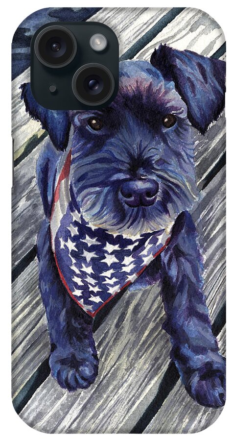 Blue Dog Portrait iPhone Case featuring the painting Colorful Schnauzer Dog on Pier by Robyn Saunders