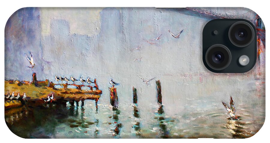 Brooklyn Bridge iPhone Case featuring the painting Brooklyn Bridge in a Foggy Morning  #1 by Ylli Haruni