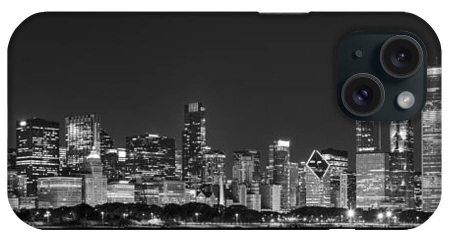 3scape iPhone Case featuring the photograph Chicago Skyline at Night Black and White Panoramic #1 by Adam Romanowicz