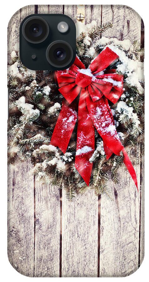 Christmas iPhone Case featuring the photograph Christmas Wreath on Barn Door #1 by Stephanie Frey