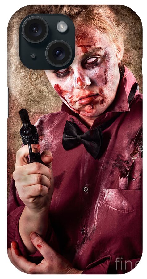 Horror iPhone Case featuring the photograph Evil demented zombie holding hand gun. Robbery #1 by Jorgo Photography
