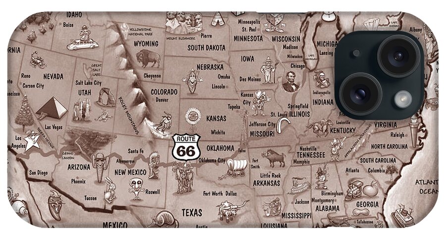 Route 66 iPhone Case featuring the painting Historic Route 66 Cartoon Map by Kevin Middleton