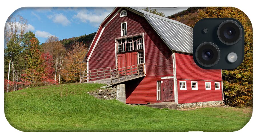 Autumn iPhone Case featuring the photograph Red Barn With Blue Sky Along Route 100 #1 by Jenna Szerlag