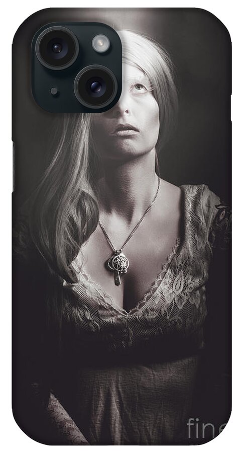 Spiritual iPhone Case featuring the photograph Scared woman trapped down in a dark dungeon #1 by Jorgo Photography