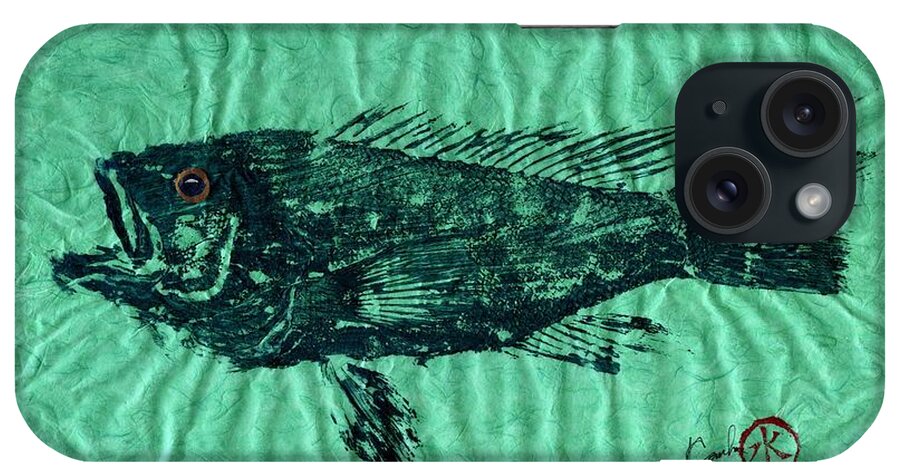 Gyotaku iPhone Case featuring the mixed media Sea Bass on Aegean Green Thai Unryu Paper #2 by Jeffrey Canha